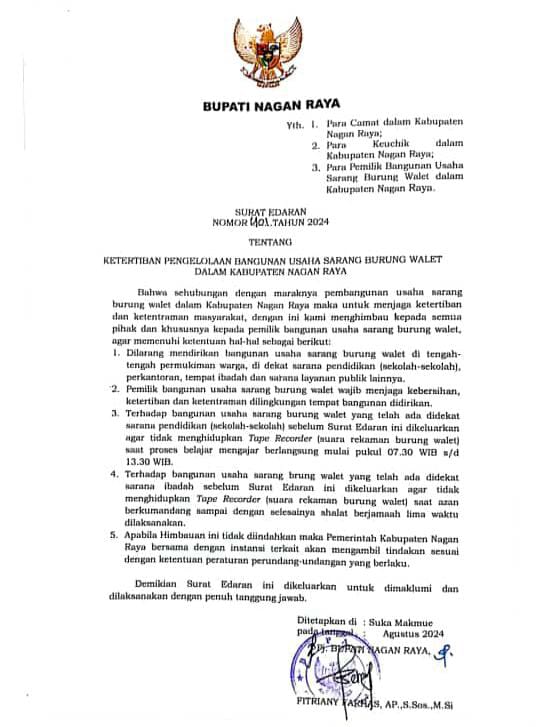 Pemkab Nagan Raya keluarkan SE Bupati tentang pengelolaan usaha sarang burung walet Pemkab Nagan Raya keluarkan SE Bupati tentang pengelolaan usaha sarang burung walet