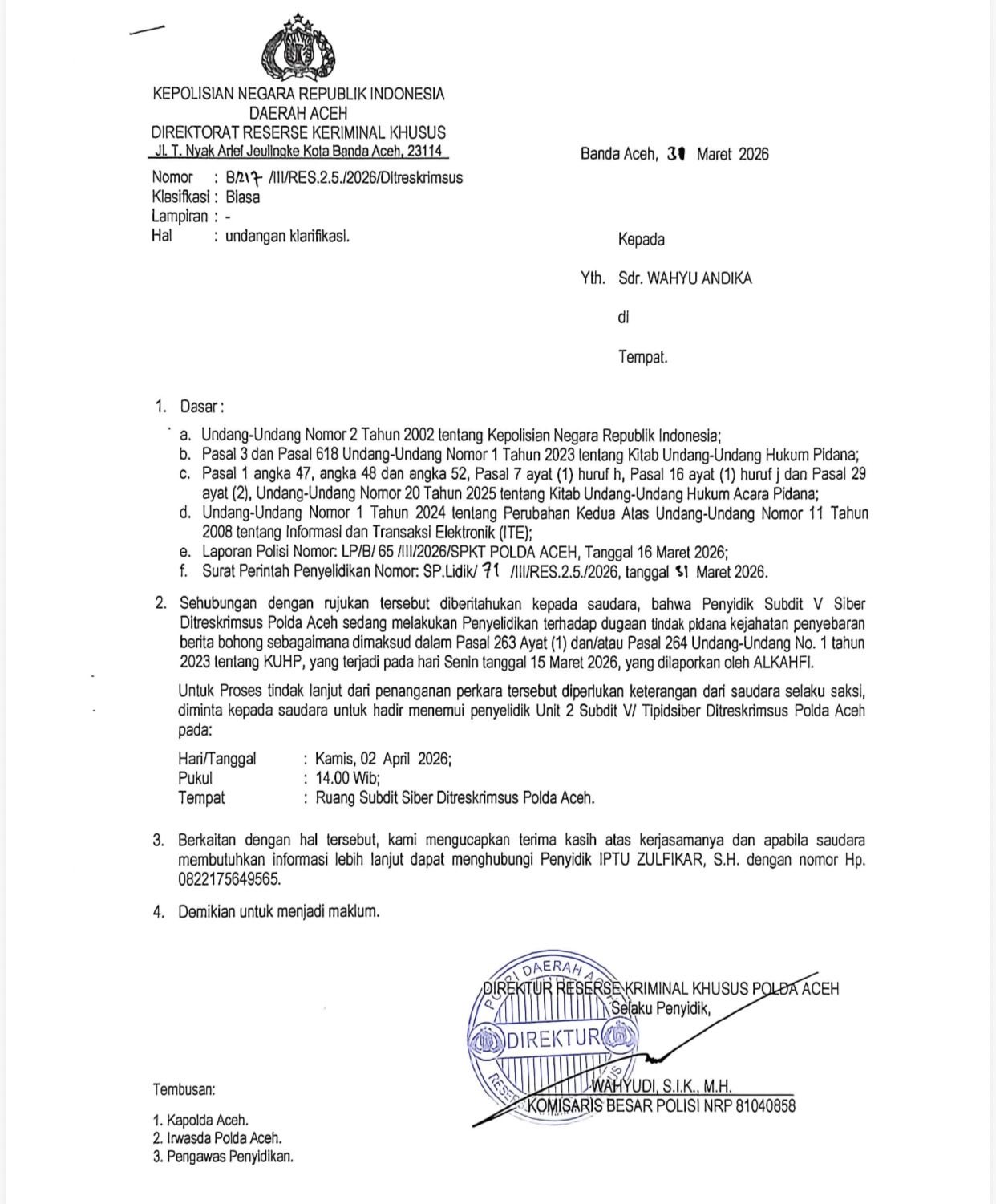 PWI Tanggapi Pemanggilan Wartawan oleh Polda Aceh: “Tak Perlu Hadir”